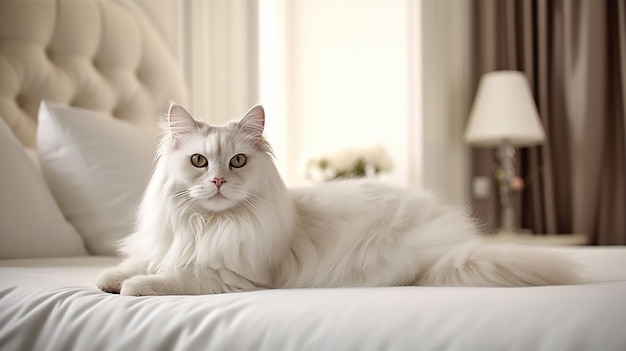Un chat blanc est allongé sur un lit dans une chambre d'hôtel.