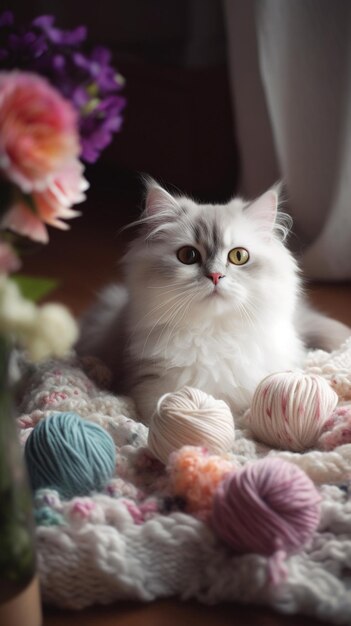 Un chat blanc est assis sur une couverture à côté d'un bouquet de fleurs.