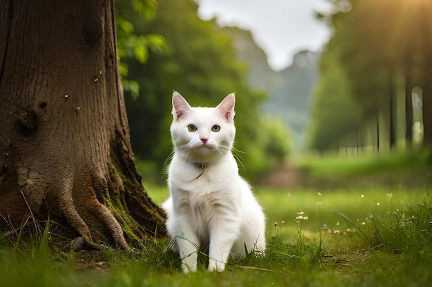 Un chat blanc est assis dans l'herbe devant un arbre.