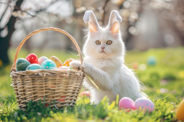 Un chat blanc est assis dans un panier plein d'œufs de Pâques.