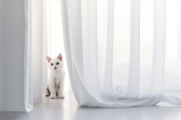 Le chat blanc est assis sur le sol près de la fenêtre blanche dans un style minimaliste lumière du jour ensoleillée avec espace de copie IA générative