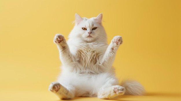 Un chat blanc fait de la pose de yoga