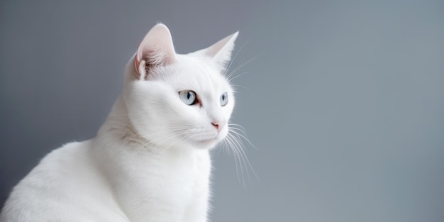 Chat blanc sur fond gris minimal avec espace de copie AI générative