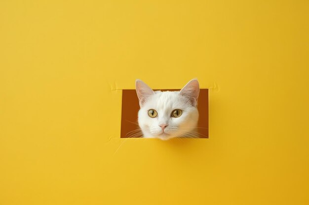 Chat blanc sur fond jaune espace pour écrire fond jaune illustration numérique générative