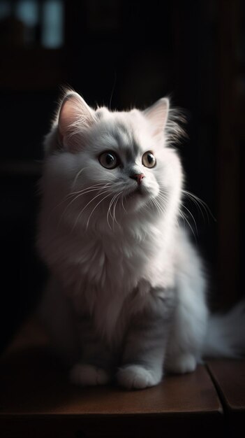 Un chat blanc avec un fond noir et la lumière qui brille sur son visage.