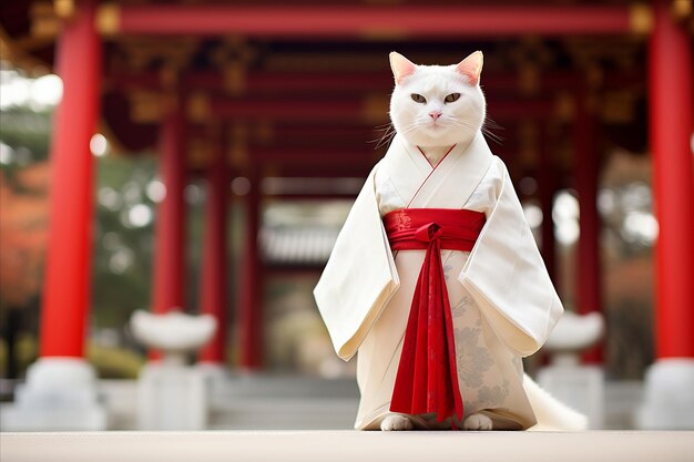 Un chat blanc en kimono japonais sur le fond d'un temple bouddhiste en plein air