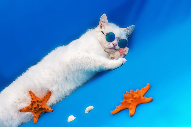 Chat blanc avec des lunettes sur fond bleu