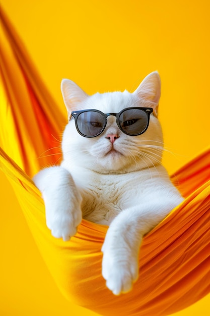 Un chat blanc avec des lunettes de soleil et un hameau jaune en arrière-plan