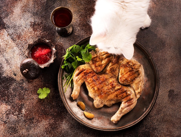 Chat blanc mangeant du poulet frit