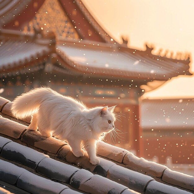 Un chat blanc marche sur un toit dans la neige.