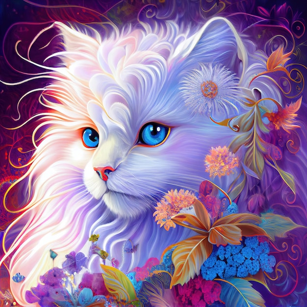 Chat blanc mystérieux aux yeux bleus Chat mystique mignon en fleurs