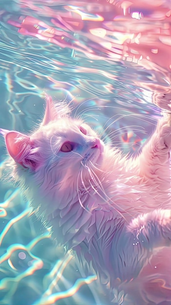 un chat blanc nageant dans une piscine d'eau