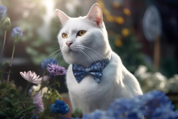 Photo chat blanc avec un nœud bleu dans le jardin générer ai