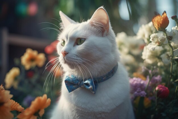 Photo chat blanc avec un nœud bleu avec des fleurs portrait générer ai