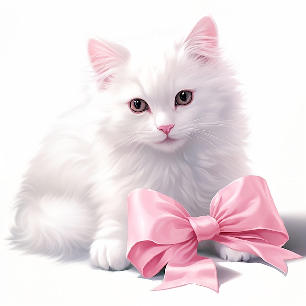 un chat blanc avec un nœud rose qui dit " le chat "
