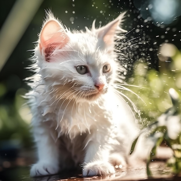 Un chat blanc avec un œil vert est mouillé et a un arroseur sur les oreilles.