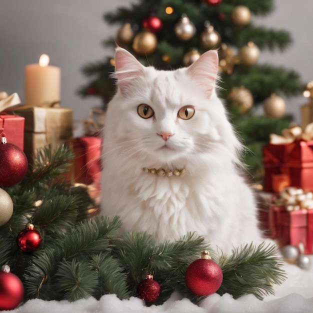 Un chat blanc paisiblement assis devant un sapin de Noël joliment décoré