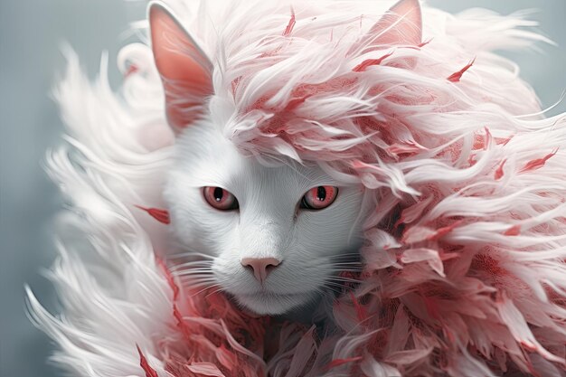 un chat blanc avec des plumes roses