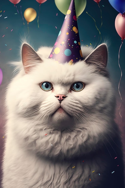 Chat blanc portant un chapeau de fête ballons et confettis joyeux anniversaire carte couleurs pastel rétro AIGenerated