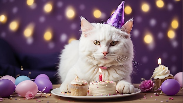 Un chat blanc portant un chapeau de fête violet est assis devant un gâteau d'anniversaire violet glacé avec un