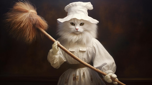 un chat blanc portant une robe blanche et un chapeau