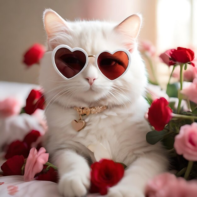 Un chat blanc porte des lunettes de soleil en forme de cœur et s'assoit sur un lit de fleurs pour la Saint-Valentin généré par l'IA