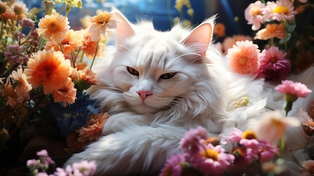 chat blanc qui dort dans les fleurs