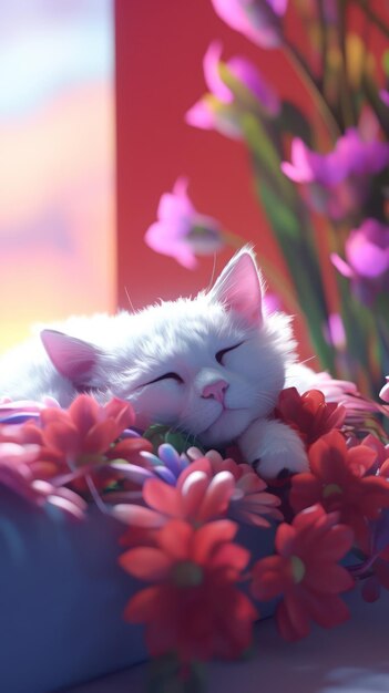 chat blanc qui dort dans les fleurs