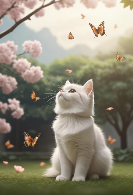 Photo un chat blanc qui regarde un papillon.