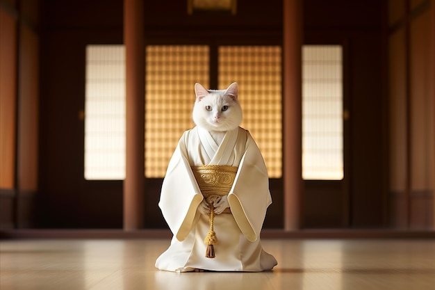 Un chat blanc sérieux dans un kimono se tient dans un intérieur japonais classique