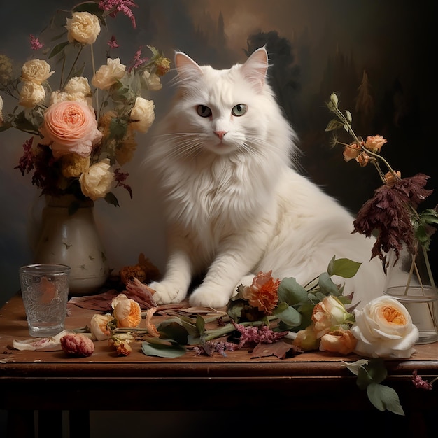 Un chat blanc sur la table avec des fleurs