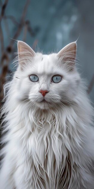 Photo un chat blanc à yeux bleus assis devant un arbre