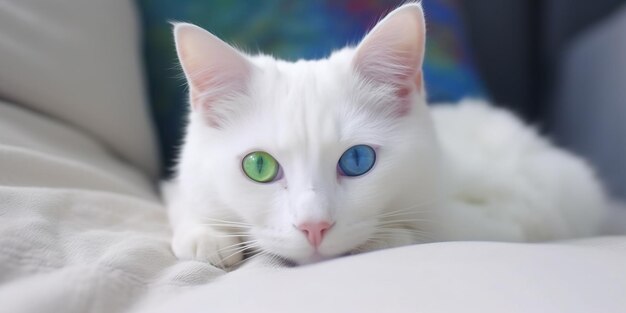 Chat blanc avec des yeux de couleur différente chaton Van angora turc avec des yeux bleus et verts se trouve sur un lit blanc adorables animaux domestiques heterochromia Ai