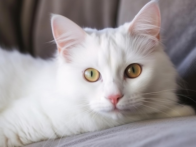 Chat blanc avec des yeux de couleur verte chaton angora turc Van avec des yeux bleus et verts se trouve sur un lit blanc adorables animaux domestiques heterochromia Ai