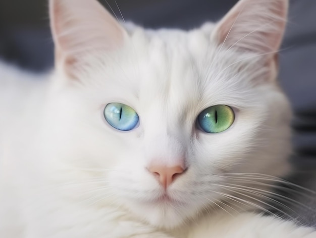 Chat blanc avec des yeux de couleur verte chaton angora turc Van avec des yeux bleus et verts se trouve sur un lit blanc adorables animaux domestiques heterochromia Ai