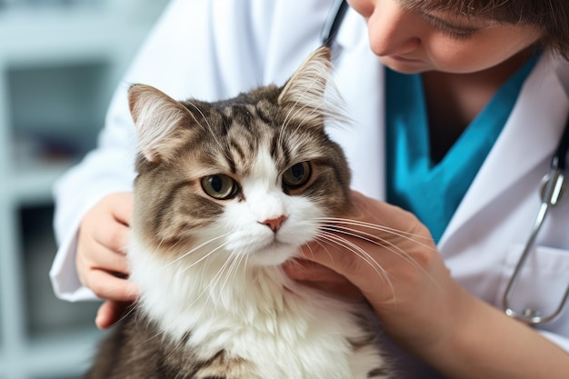 Un chat blessé est examiné par un vétérinaire dans une clinique vétérinaires générée par l'IA