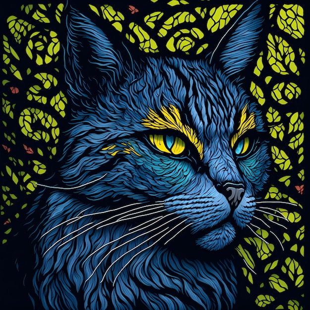 Un chat bleu aux yeux jaunes est devant un fond noir.