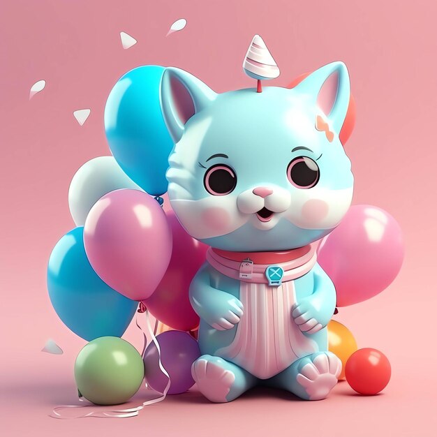 Un chat bleu avec une corne de licorne est assis à côté de ballons.