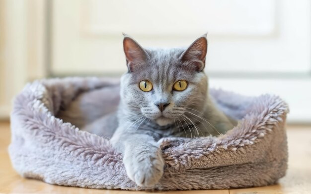 chat bleu russe dans un lit de chat