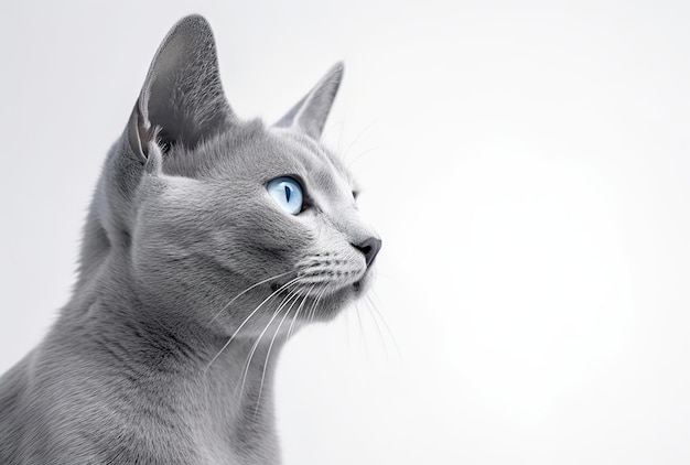 Chat bleu russe isolé sur blanc regardant à droite avec espace de copie pour le texte