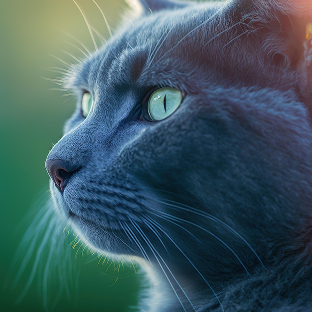 Chat bleu russe réaliste sur fond extérieur naturel ravissant
