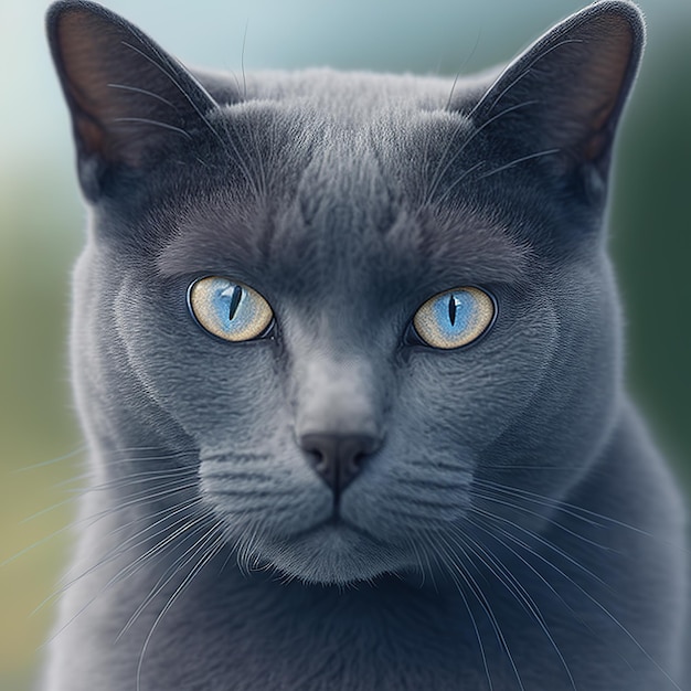 Chat bleu russe réaliste sur fond extérieur naturel ravissant