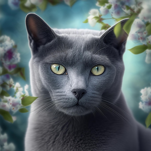 Chat bleu russe réaliste sur fond extérieur naturel ravissant