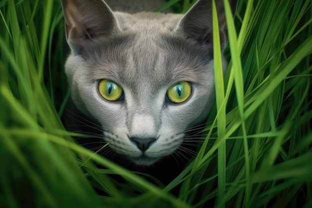 Le chat bleu russe se trouve dans la belle herbe AI générative