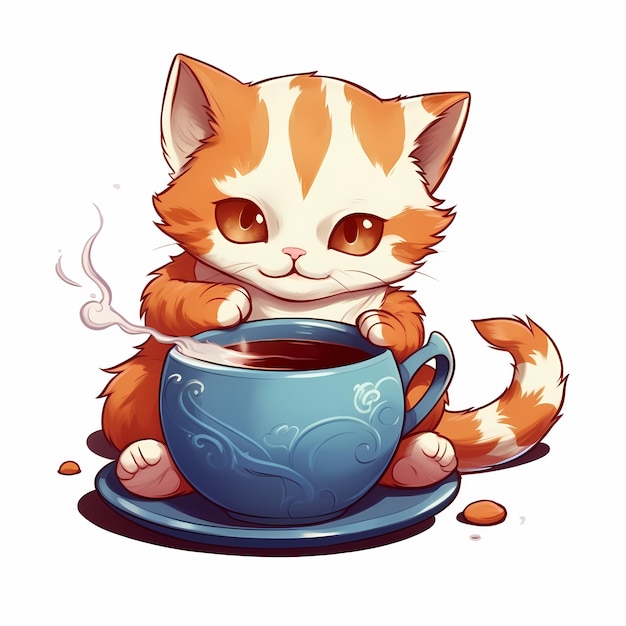 chat boire tasse à café dessin animé icône illustration animal boisson icône concept isolé généré par l'IA