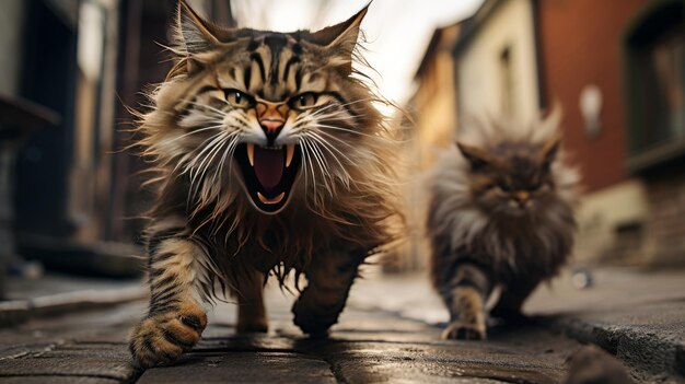 Un chat avec la bouche ouverte chante une sérénade dans la rue avec son miaulement pendant qu'il marche.