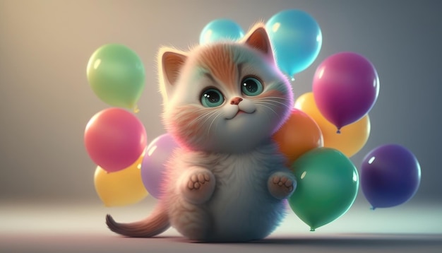 Un chat avec un bouquet de ballons en arrière-plan