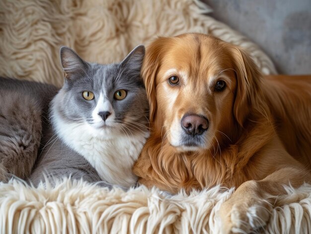 Photo le chat britannique et le golden retriever