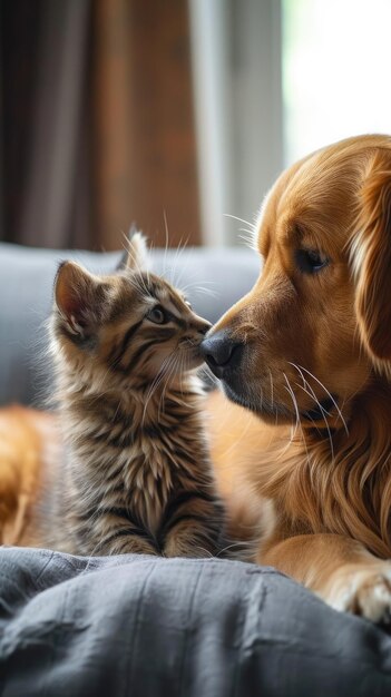 Photo le chat britannique et le golden retriever