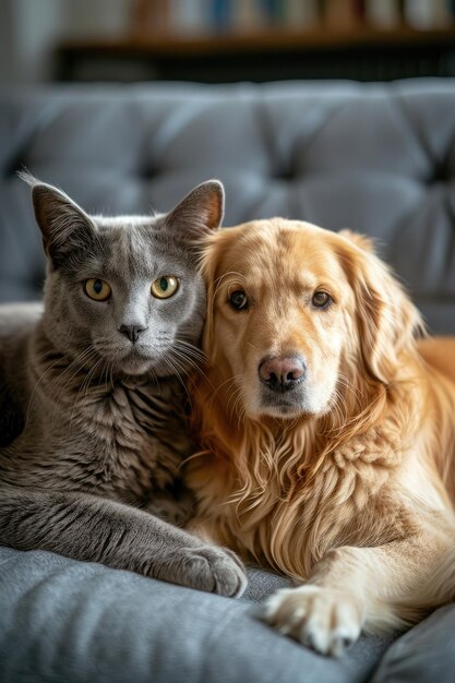 Photo le chat britannique et le golden retriever